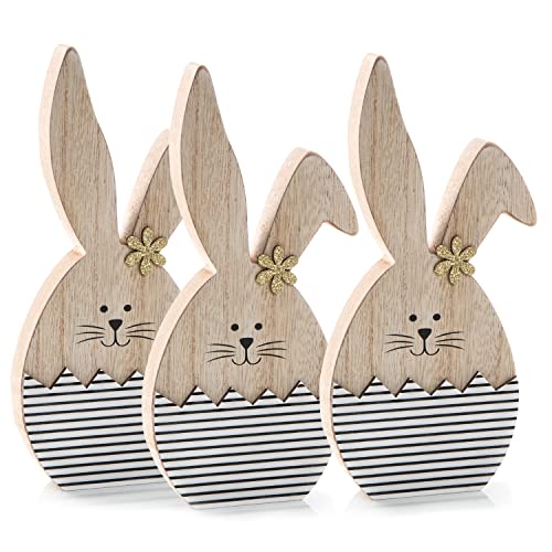 Logbuch-Verlag 3 Hasen Figuren aus Holz Natur schwarz-weiß - Osterhase Deko Ostern 14 cm gestreift Hasenfigur Geschenk von Logbuch-Verlag