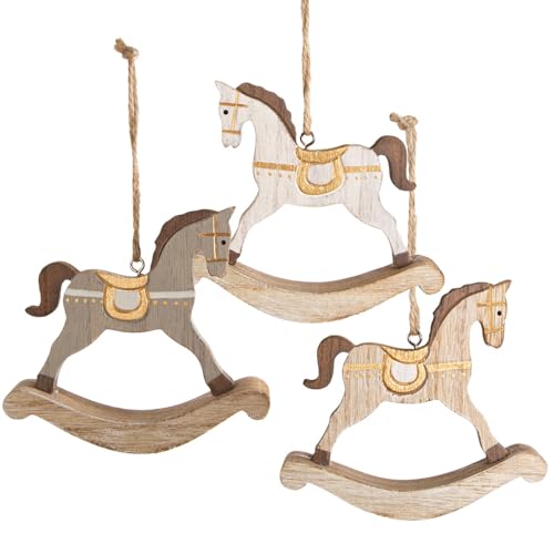 Logbuch-Verlag 3 Schaukelpferde zum Aufhängen Nostalgie Vintage Weihnachtsdekoration Weihnachtsbaumanhänger 10 cm braun Gold von Logbuch-Verlag