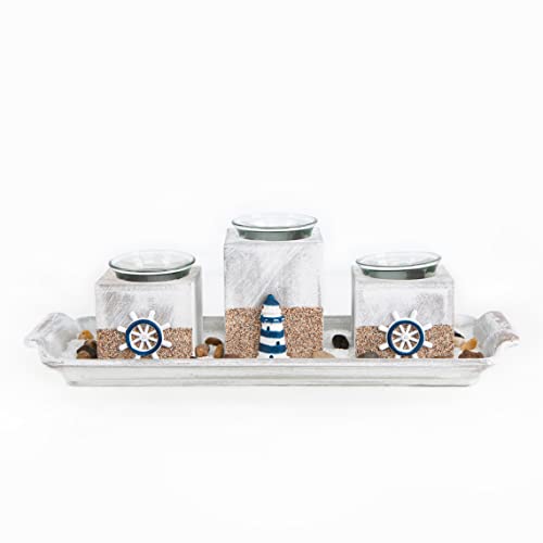 Logbuch-Verlag 3 Teelichthalter Maritime Deko Teelichter mit Schale aus Holz 34,5 cm blau weiß Geschenk Geburtstag von Logbuch-Verlag