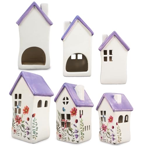 Logbuch-Verlag 3 Windlicht Häuser aus Keramik weiß bunt Lichthaus für Teelichter floral Geschenk-Set Frühling Ostern 10,5-18,5 cm von Logbuch-Verlag