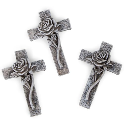 Logbuch-Verlag 3 kleine Kreuze aus Kunststein Grabkreuz mit Rose Trauerfloristik grau 7,5 x 4 x 1,5 cm Grabdekoration von Logbuch-Verlag
