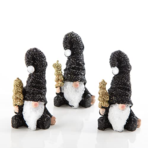 Logbuch-Verlag 3 kleine Wichtel Figuren schwarz weiß Gold glitzernd 8 cm - Zwerge Gnom Weihnachtsfigur Weihnachtswichtel mit Baum von Logbuch-Verlag