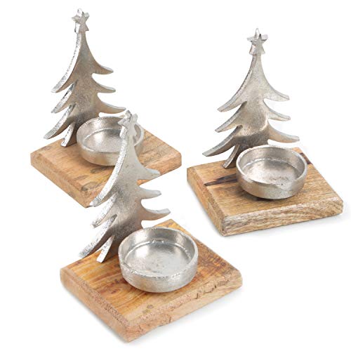 Logbuch-Verlag 3 weihnachtliche Teelichthalter aus Holz + Metall Tannenbaum Kerzenhalter Silber braun Deko Weihnachten von Logbuch-Verlag