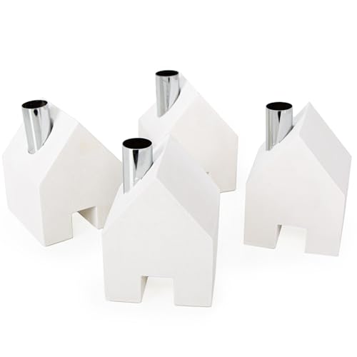 Logbuch-Verlag 4 Massive Häuser Kerzenhalter Geschenk Geburtstag Sommer Frühling Deko weiß Silber modern 9 x 9 x 12 cm von Logbuch-Verlag