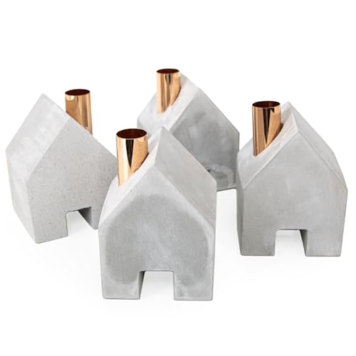 Logbuch-Verlag 4 Moderne Häuser Kerzenleuchter Deko Geschenk Set Kerzenhalter grau aus Beton 9 x 9 x 12 cm massiv und schwer von Logbuch-Verlag