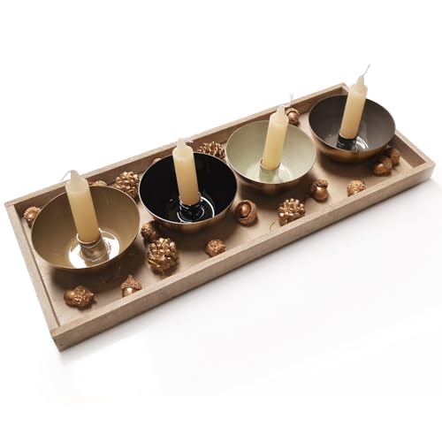 Logbuch-Verlag 4 Schalen für Kerzen als Adventskranz auf einem Holztablett mit weihnachtlicher Dekoration Gold Natur braun 45 x 18 cm von Logbuch-Verlag