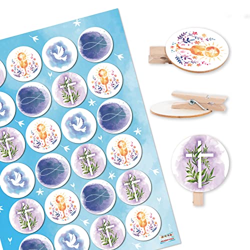 Logbuch-Verlag 48 Holzklammern mit Sticker christliche Symbole Kreuz Fisch blau Tischdeko für Taufe Kommunion Firmung 4 cm von Logbuch-Verlag