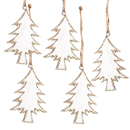 Logbuch-Verlag 5 Weihnachtsanhänger Tannenbaum Holz weiß Gold Glitzer Geschenkanhänger 8 cm Christbaumschmuck Weihnachtsdeko Baum Fenster Tür Weihnachten von Logbuch-Verlag