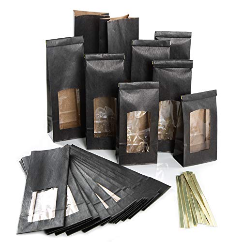 Logbuch-Verlag 50 Lebensmittel Beutel klein mit Fenster innen foliert für Tee Kekse Plätzchen Süßigkeiten Pralinen 8,5 x 5 x 26,5 cm Blockbodenbeutel von Logbuch-Verlag