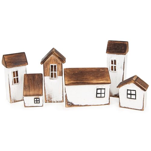 Logbuch-Verlag 6 kleine Maritime Häuser Deko Set Holzhäuser braun weiß mediterrane Dekoration Häuserzeile 33 x 3 x 12 cm von Logbuch-Verlag