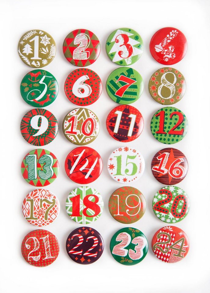 Logbuch-Verlag Adventskalender 24 Adventskalender Buttons aus Blech mit Zahlen 1 - 24 - rot grün - Logbuch-Verlag Adventskalender 24 Adventskalender Buttons aus Blech mit Zahlen 1 - 24 - rot grün - von Logbuch-Verlag