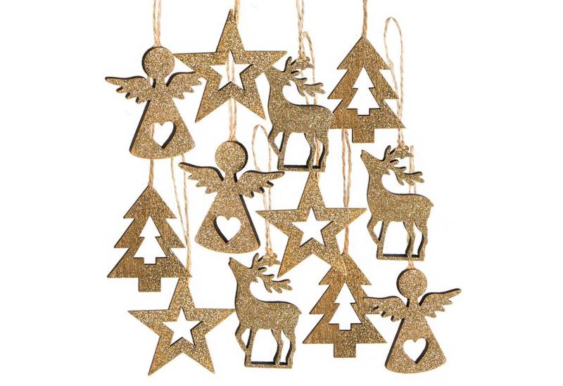 Logbuch-Verlag Dekofigur 12 goldene Holzanhänger mit Glitter zum Aufhängen – Herz, Baum, Stern von Logbuch-Verlag