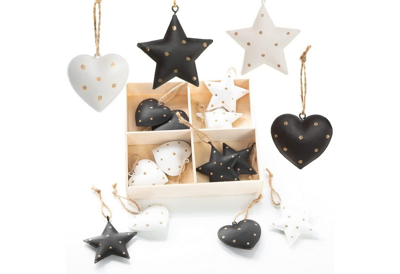 Logbuch-Verlag Dekofigur 16 Christbaumanhänger aus Metall in Herz- und Sternform, schwarz, weiß von Logbuch-Verlag