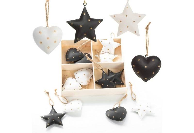 Logbuch-Verlag Dekofigur 16 Christbaumanhänger aus Metall in Herz- und Sternform, schwarz, weiß von Logbuch-Verlag