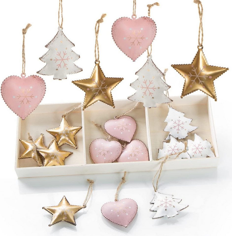 Logbuch-Verlag Baumbehang 18 kleine Christbaumanhänger aus Metall Herz + Stern + Baum - rosa von Logbuch-Verlag