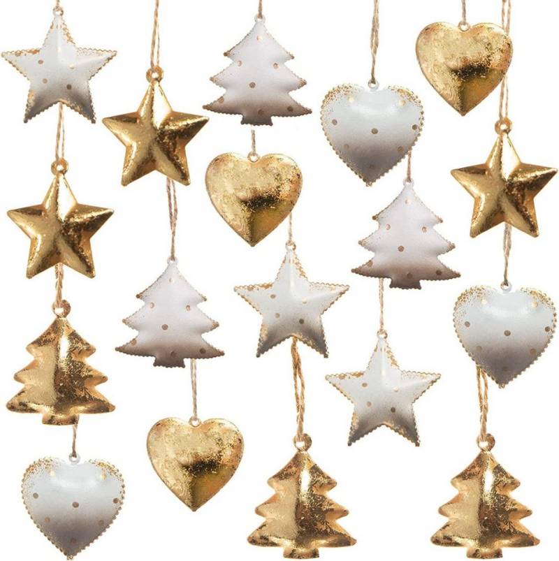 Logbuch-Verlag Baumbehang 18 vintage Weihnachtsanhänger aus Metall - Herz Baum Stern gold weiß von Logbuch-Verlag