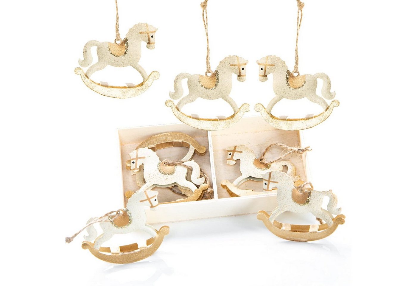Logbuch-Verlag Baumbehang 8 Schaukelpferd Weihnachtsbaumanhänger Metall (8er Set, 8 St), goldfarben Glitzer, weiß mit Jute Schnur zum Aufhängen von Logbuch-Verlag