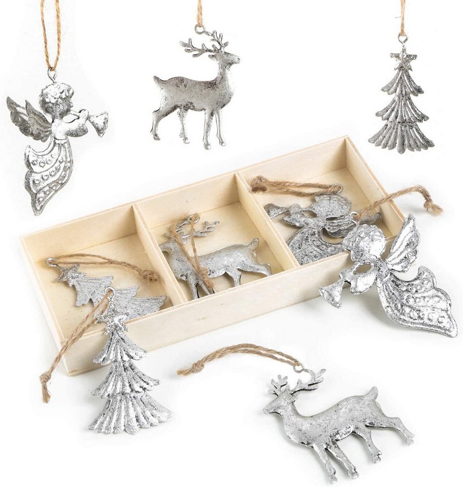 Logbuch-Verlag Baumbehang 9 silberfarbene Weihnachtsanhänger Baum + Hirsch + Engel - shabby chic von Logbuch-Verlag