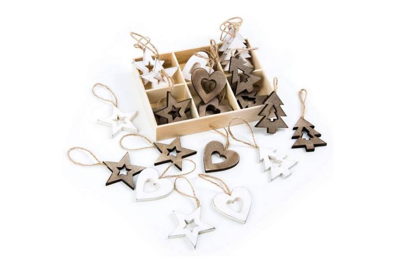 Logbuch-Verlag Dekofigur Weihnachtsanhänger Set - 24 Holzanhänger Herz Stern Baum braun weiß von Logbuch-Verlag