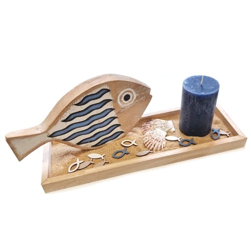 Logbuch-Verlag Blaue Meer Deko mit Holz Fisch und Kerze auf Kerzentablett mit Sand & Muscheln 40 x 30 cm als Geschenk Logbuch-Verlag Blaue Meer Deko mit Holz Fisch und Kerze auf Kerzentablett mit Sand & Muscheln 40 x 30 cm als Geschenk von Logbuch-Verlag