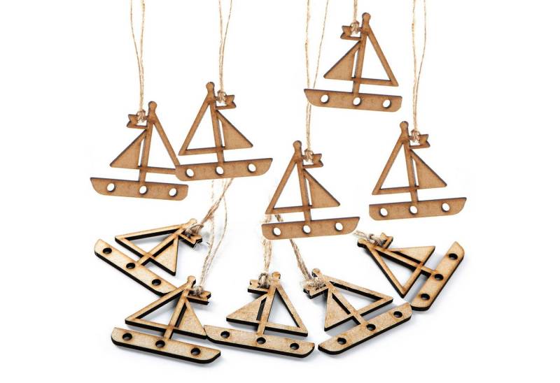 Logbuch-Verlag Dekofigur 10 kleine Holz Segelboote Mini mit Schnur zum Aufhängen von Logbuch-Verlag