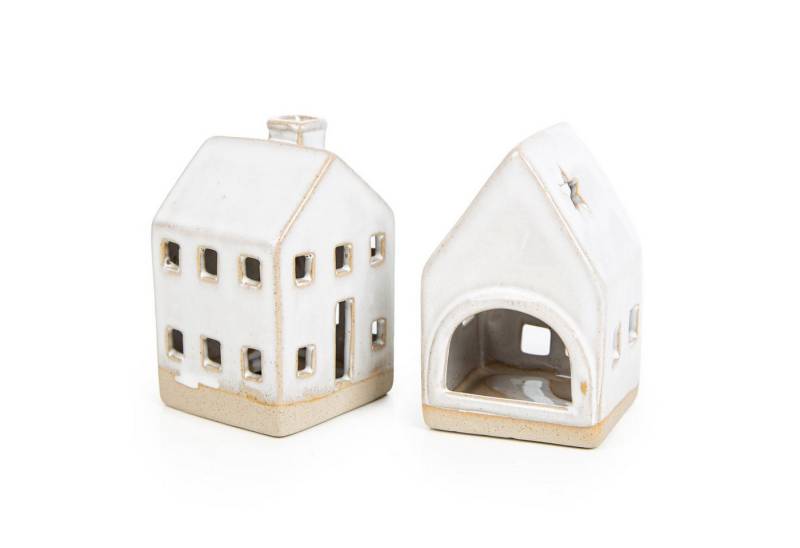 Logbuch-Verlag Dekofigur 2 Haus Windlichter Teelichthalter aus Steingut beige Creme Deko von Logbuch-Verlag