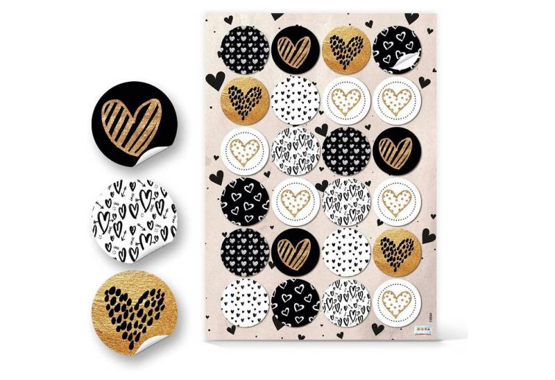 Logbuch-Verlag Dekofigur 24 edle Herzaufkleber gold schwarz weiß - Herz Sticker rund von Logbuch-Verlag