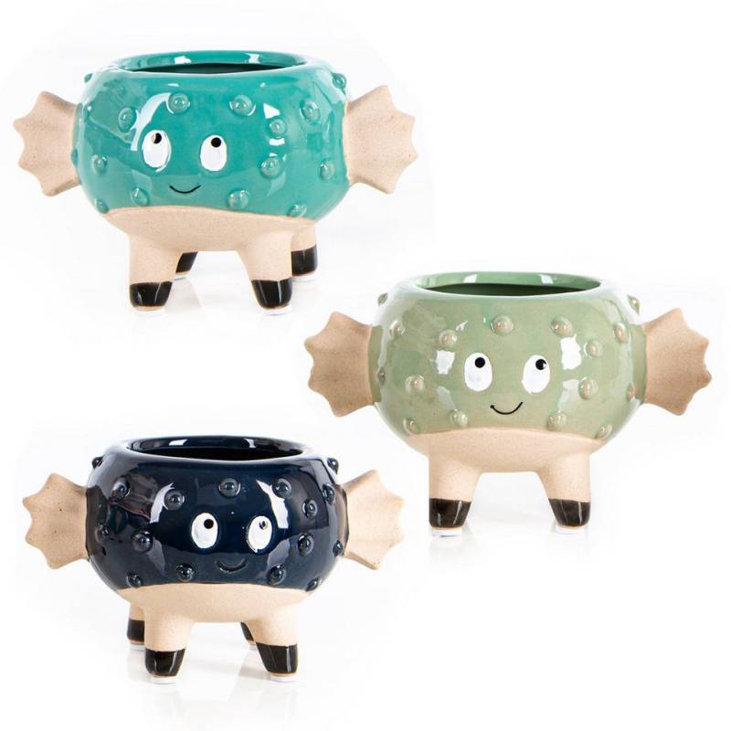 Logbuch-Verlag Dekofigur 3 Blumentöpfe Kugelfisch klein türkis blau grün 13,5 cm von Logbuch-Verlag