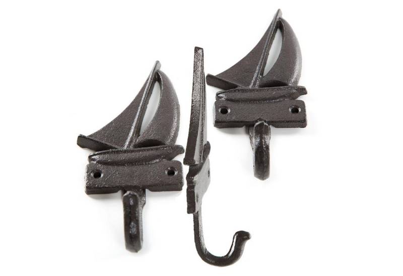 Logbuch-Verlag Dekofigur 3 maritime Wandhaken aus Gusseisen mit Segelboot-Motiv von Logbuch-Verlag