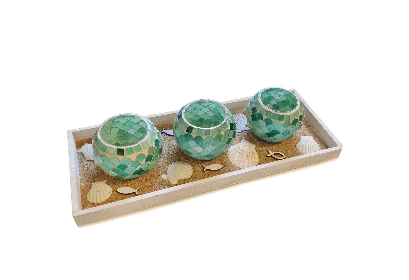 Logbuch-Verlag Dekofigur 3 türkise Mosaik Teelichtgläser mit Muscheln (Komplett-Set), grün fertiges Geschenk Set 45 x 18 x 11 cm von Logbuch-Verlag