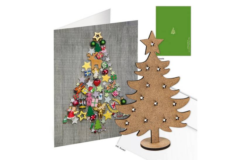 Logbuch-Verlag Dekofigur 3 weihnachtliche Grußkarten mit Kuvert + Geschenk Baum aus Holz von Logbuch-Verlag