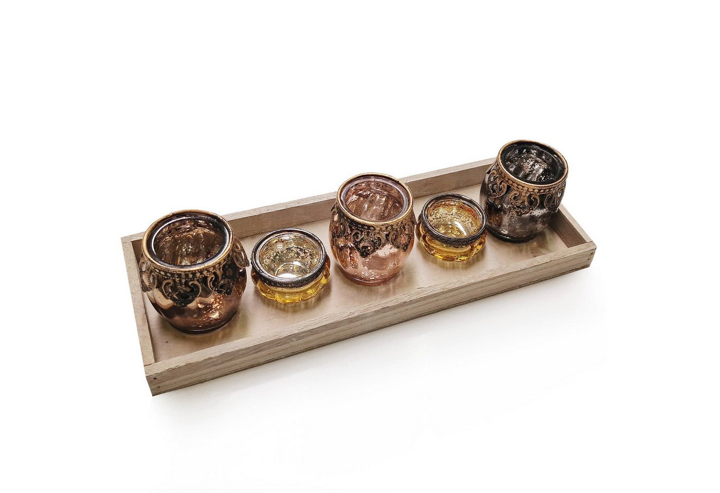 Logbuch-Verlag Dekofigur 5 Verschiedene Teelichtgläser auf einem Holz Tablett als Herbst und von Logbuch-Verlag