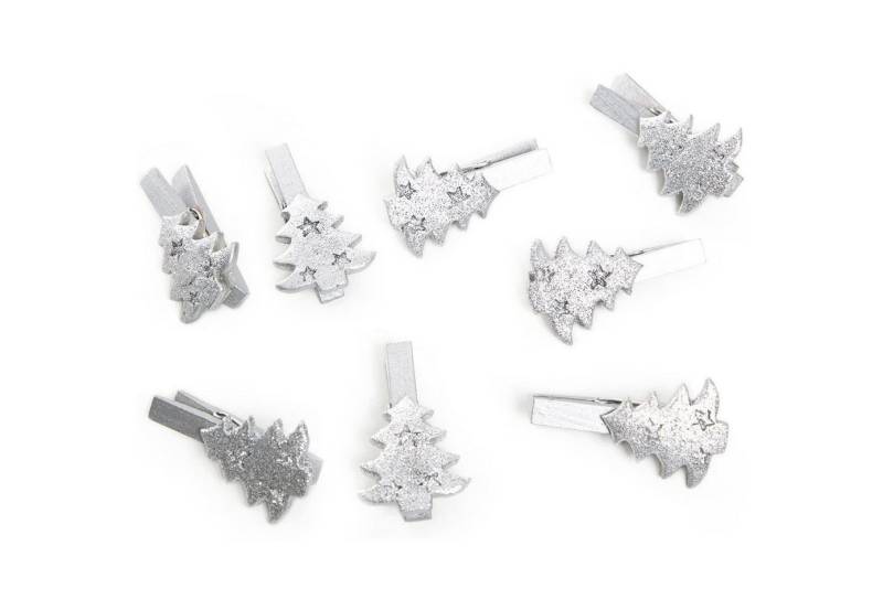 Logbuch-Verlag Dekofigur 8 Weihnachtsdeko Klammern aus Holz - kleine Tannenbäume silber 5 cm - von Logbuch-Verlag