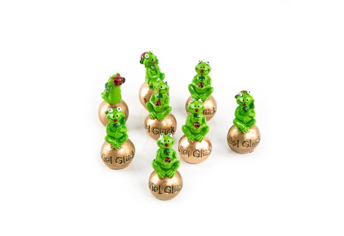 Logbuch-Verlag Dekofigur 8 kleine Frösche 5 cm auf Goldener Kugel VIEL GLÜCK Froschkönig von Logbuch-Verlag