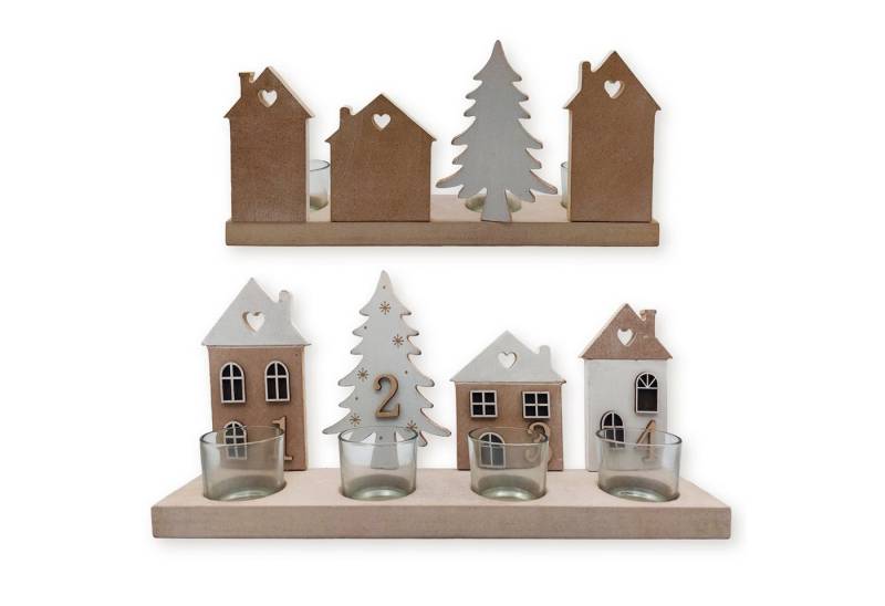 Logbuch-Verlag Dekofigur Advent Teelichthalter aus Holz 34x16,5 cm, Deko-Leiste mit Häusern von Logbuch-Verlag