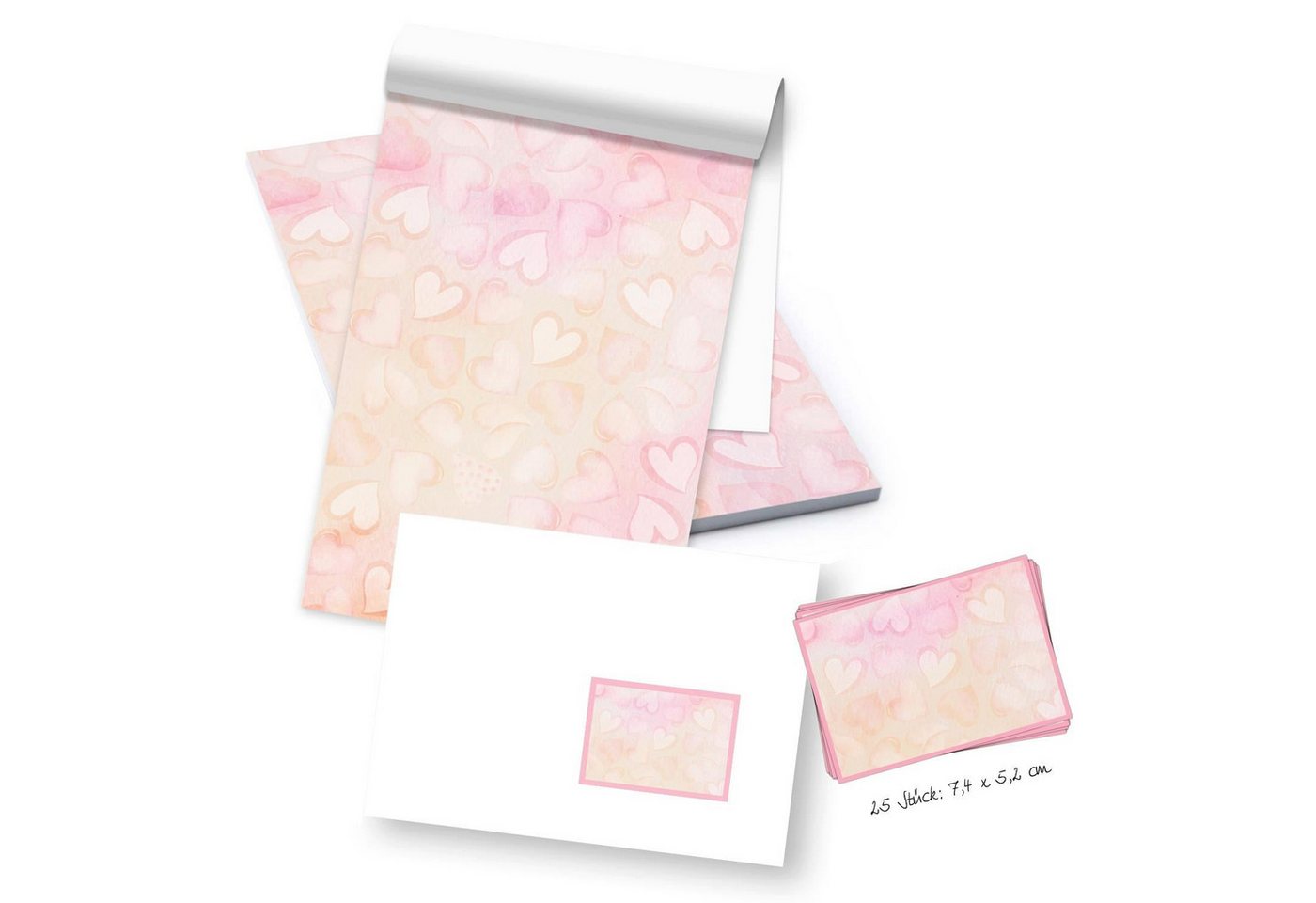 Logbuch-Verlag Dekofigur Briefpapier Block A5 mit rosa Herzen 50 Blatt + 25 Briefumschläge + von Logbuch-Verlag
