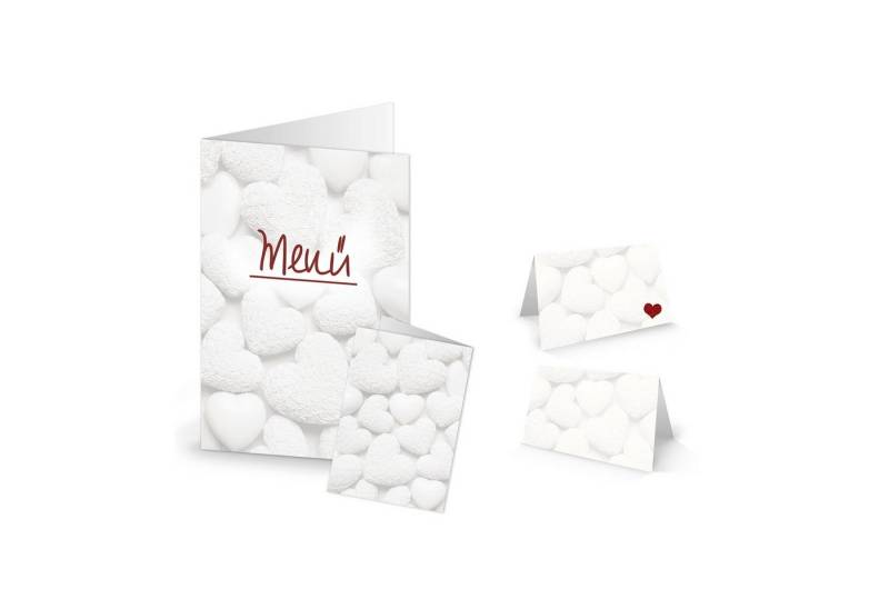 Logbuch-Verlag Dekofigur DIY Tisch-Deko-Set (für 25-30 Gäste): WEISSE HERZEN roter Text Menü: von Logbuch-Verlag
