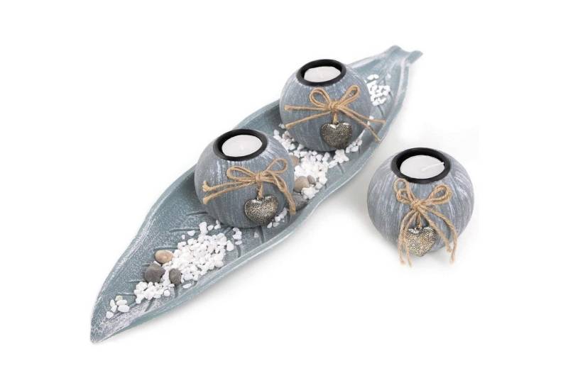 Logbuch-Verlag Dekofigur Deko Set zum Hinstellen grau blau - Teelichthalter mit Schale & von Logbuch-Verlag