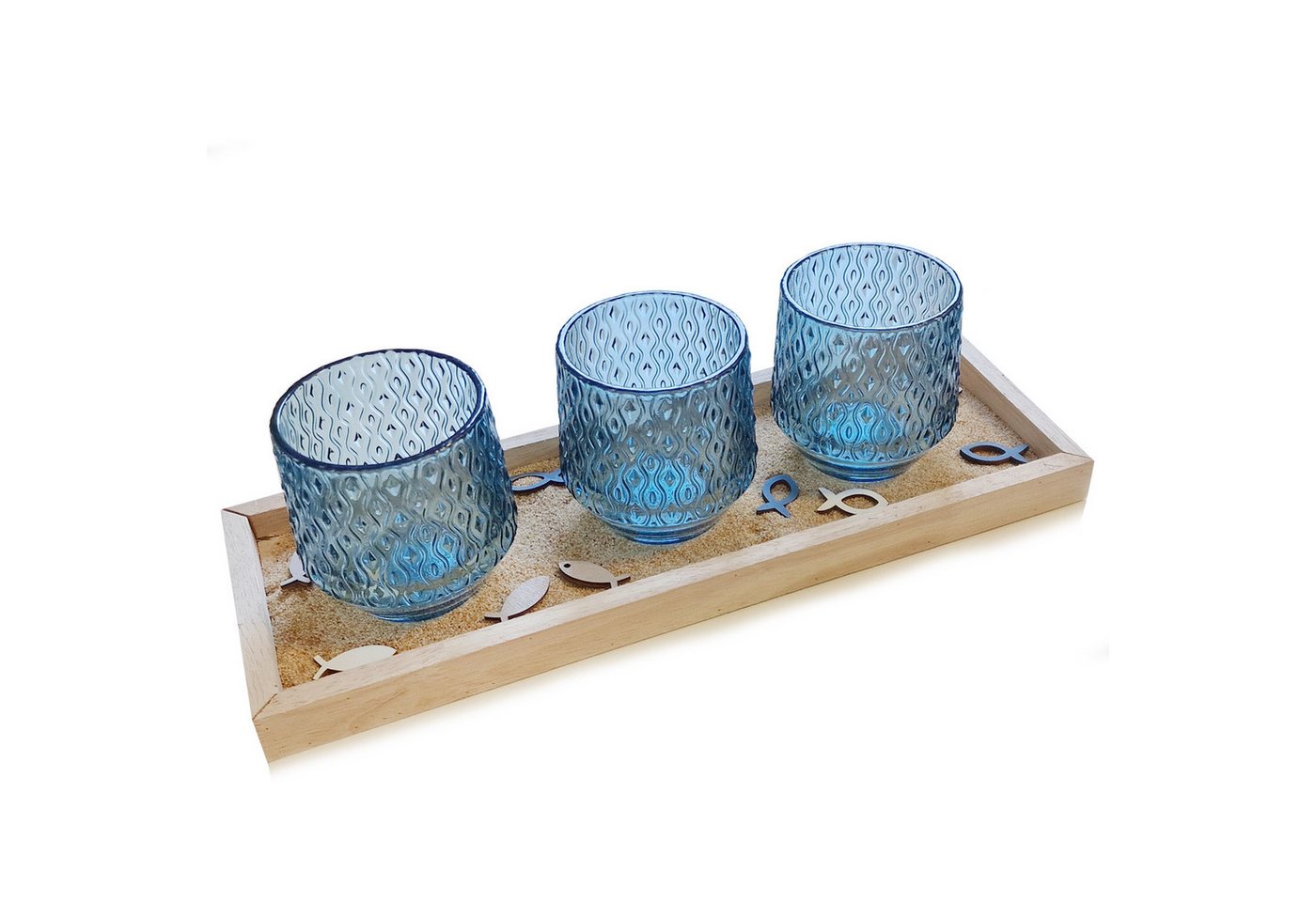 Logbuch-Verlag Dekofigur Deko Tablett Holz mit 3 blauen Teelichtgläsern, Fische Sand 40 x 10 cm maritimes Geschenk Geburtstag von Logbuch-Verlag