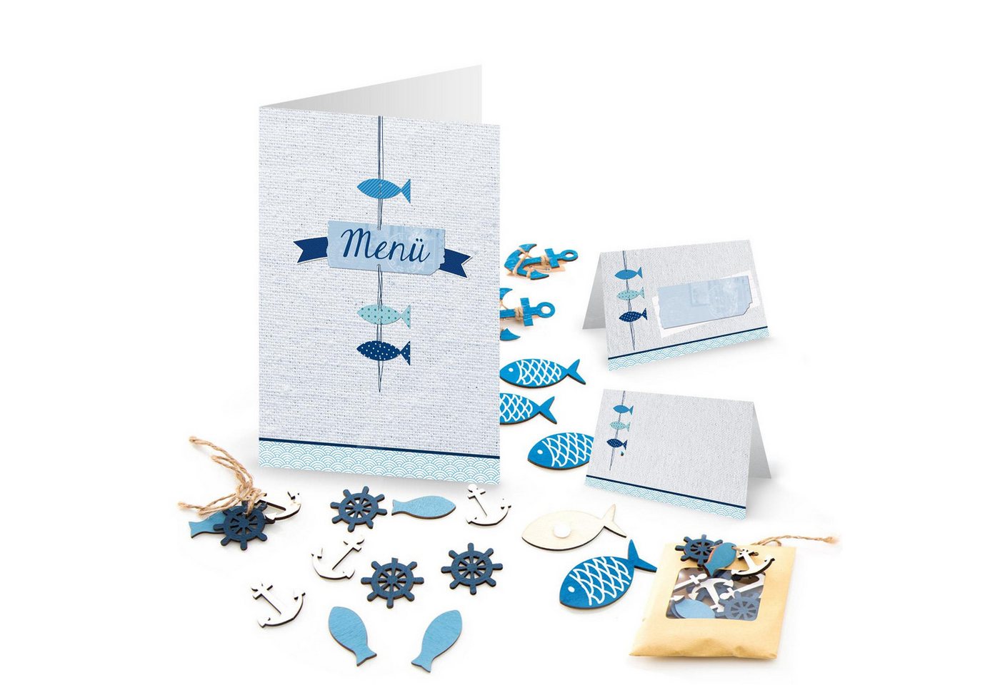 Logbuch-Verlag Dekofigur Maritime FISCHE Tisch-Deko Set 71-tlg: 10 blau türkis weiß Menükarte + von Logbuch-Verlag