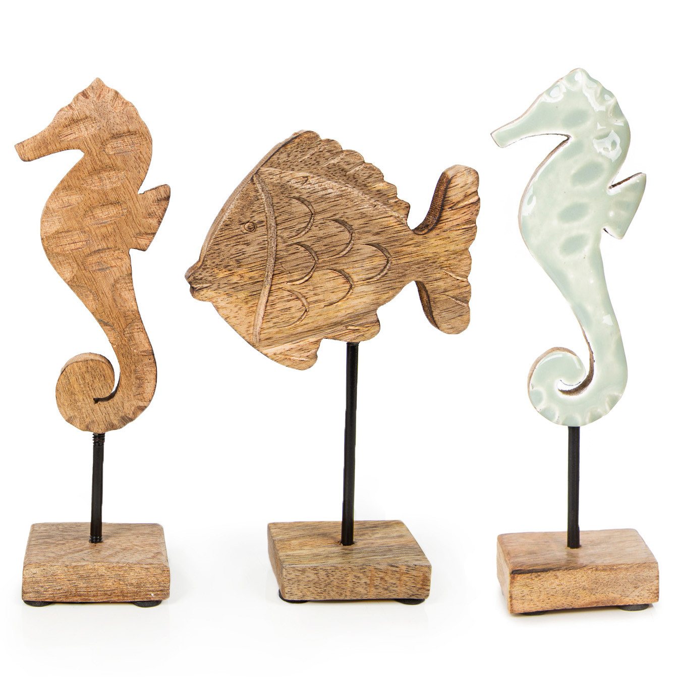 Logbuch-Verlag Dekofigur Maritimes Set 3-tlg. Seepferdchen + Fisch braun mint 20 cm (Spar-Set, 3 St), braun Meer Strand Deko aus Holz von Logbuch-Verlag