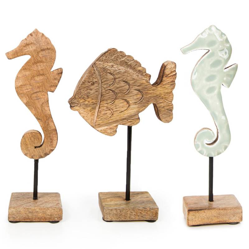 Logbuch-Verlag Dekofigur Maritimes Set 3-tlg. Seepferdchen + Fisch braun mint 20 cm (Spar-Set, 3 St), braun Meer Strand Deko aus Holz von Logbuch-Verlag