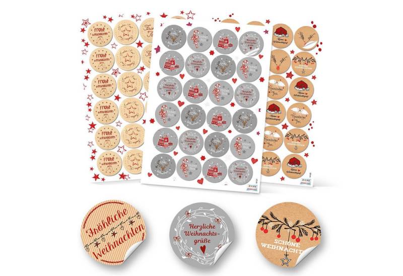 Logbuch-Verlag Dekofigur SET 6 x 24 runde Weihnachtsaufkleber 4 cm in Grau, Weiß, Rot, Natur von Logbuch-Verlag