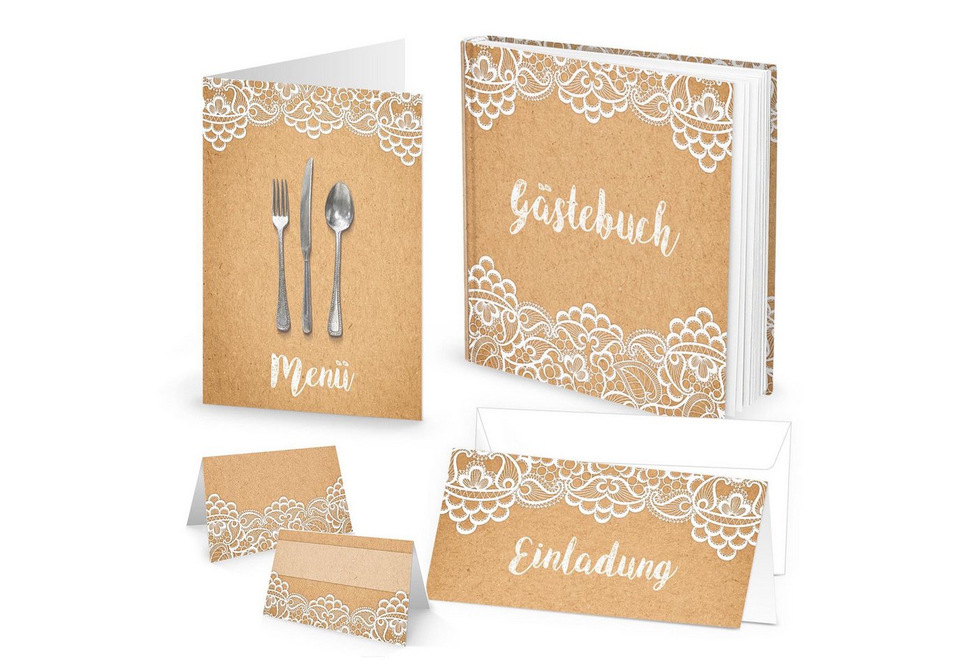 Logbuch-Verlag Dekofigur SET: 10 Menükarten + 25 Tischkarten Kraftpapier vintage Spitze PLUS von Logbuch-Verlag