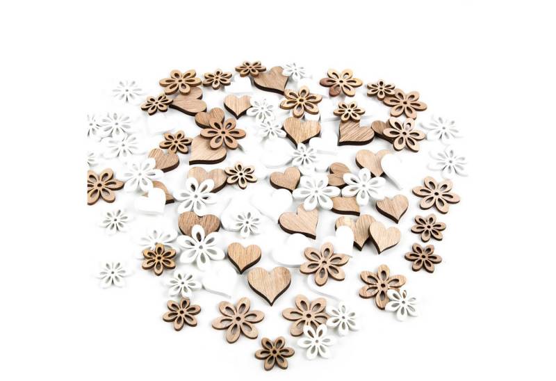 Logbuch-Verlag Dekofigur Streudeko Set 40 Mini Herzen + 45 Blumen in Natur weiß braun - Holz von Logbuch-Verlag