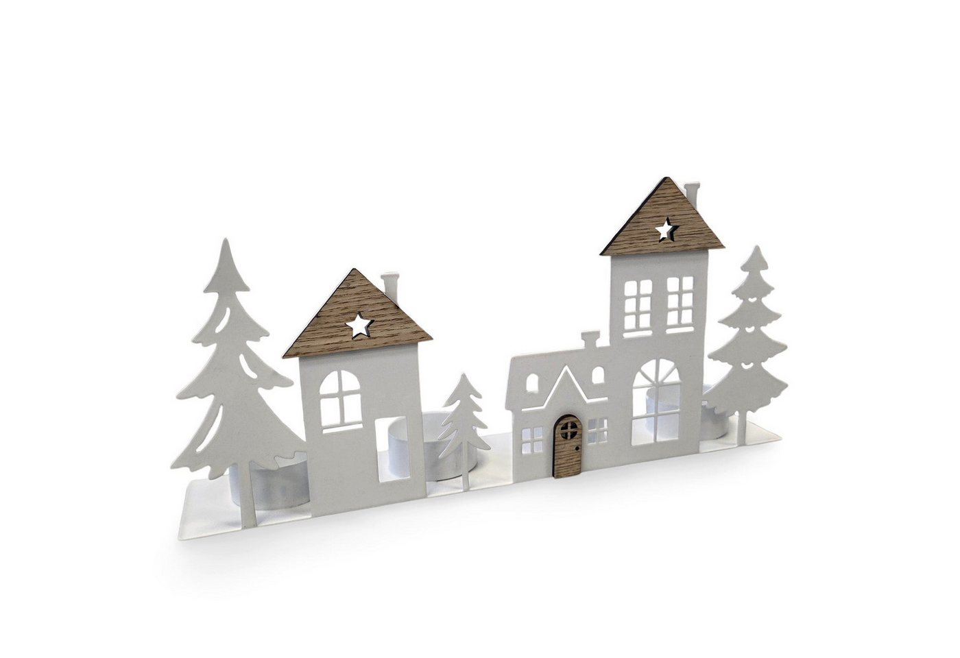 Logbuch-Verlag Dekofigur Teelichtleiste Häuser Metall Holz weiß 28 cm  Teelichthalter von Logbuch-Verlag