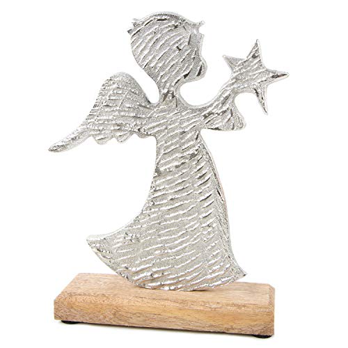 Logbuch-Verlag Engel Figur Weihnachten Silber Schutzengel 21 cm Geschenk Deko stehend auf Holzsockel Metall 21 cm von Logbuch-Verlag