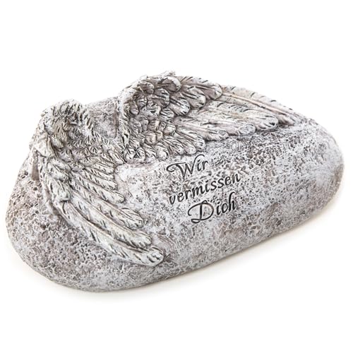 Logbuch-Verlag Gedenkstein Grabschmuck Wir vermissen Dich mit Engelsflügeln Kleiner Grabstein Allerheiligen Deko grau Silber 20 x 11,5 x 7 cm von Logbuch-Verlag