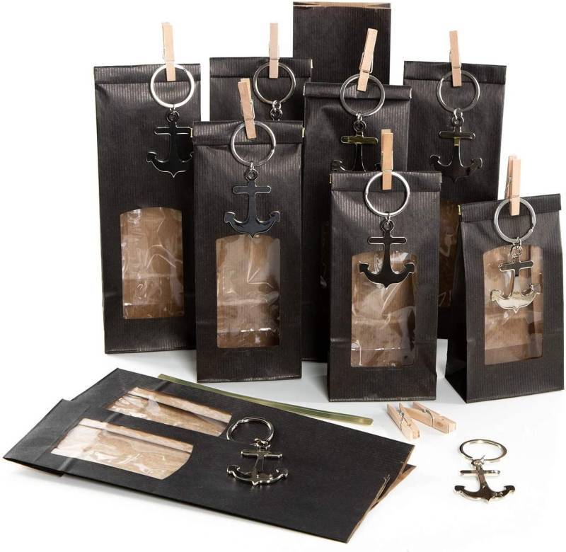 Logbuch-Verlag Geschenkbox 10 schwarze Blockbodenbeutel mit Fenster 8,5 x 5 x 26,5 cm + Anker von Logbuch-Verlag