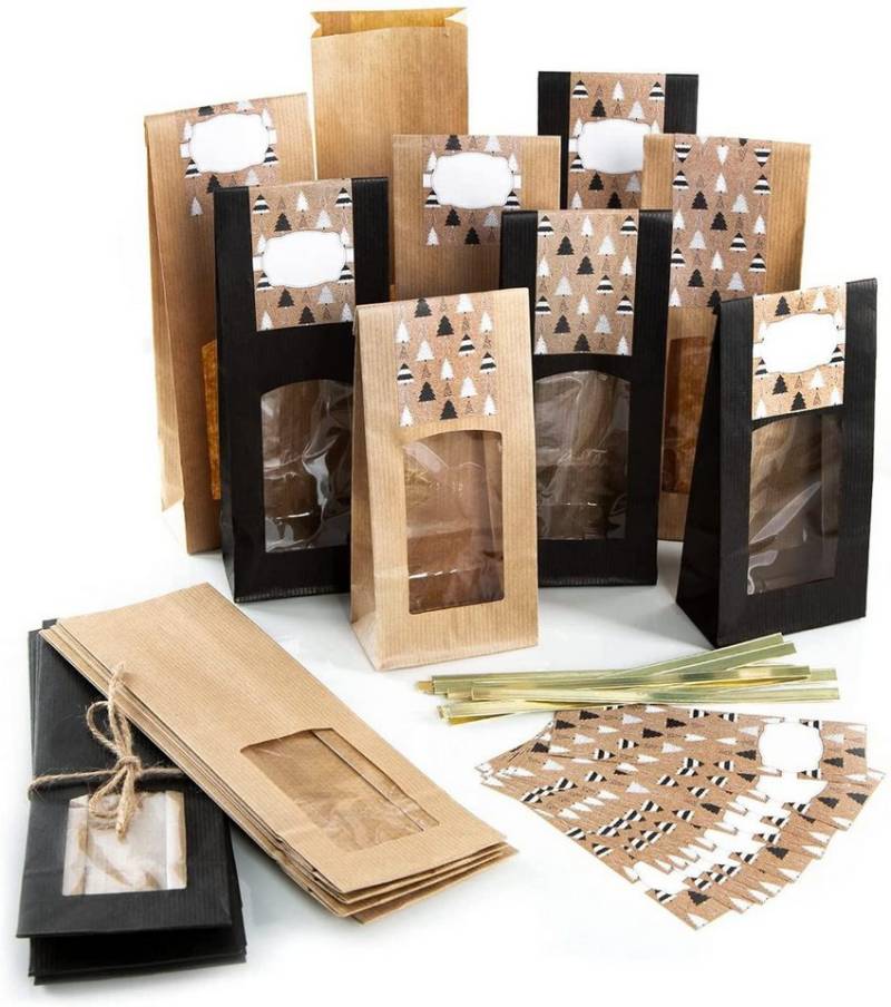 Logbuch-Verlag Geschenkbox 20 Weihnachtstüten mit Fenster + Weihnachtsaufkleber zum Beschriften von Logbuch-Verlag